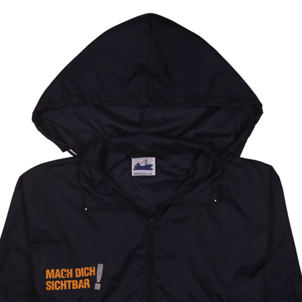 Brand and care label for Sirocco boys’ black hooded windbreaker jacket 15-16 years reflective zip