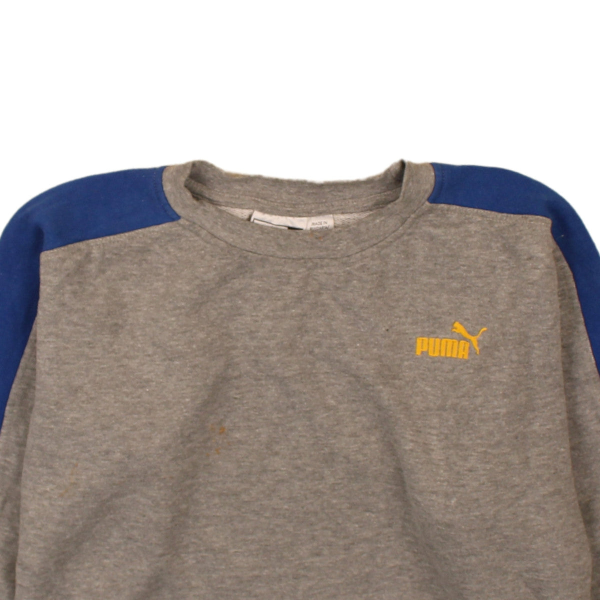 Brand and care label for Puma girls’ grey & blue colourblock logo pullover sweatshirt 10 years