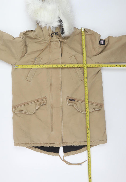 Superdry Women's Beige Faux Fur Hooded Parka Coat Size 12