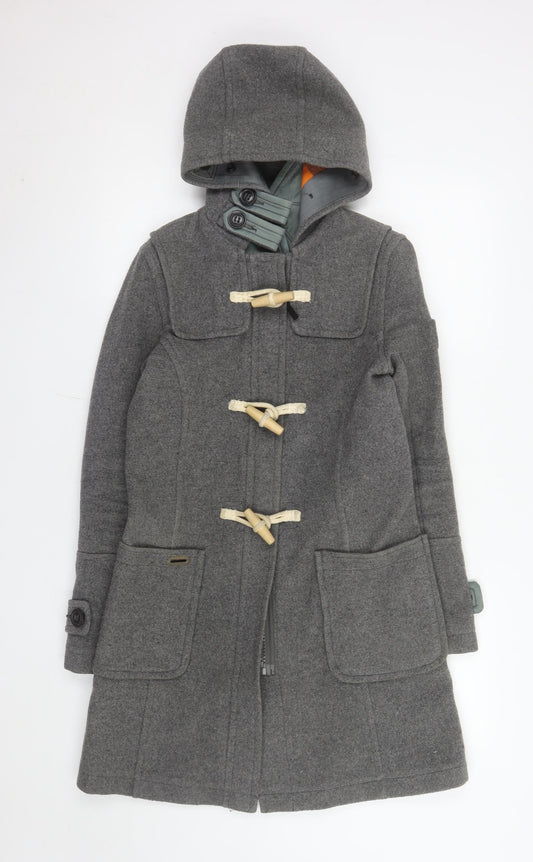 Superdry Men's Grey Wool Blend Duffle Coat XS Hooded Toggle Winter Jacket