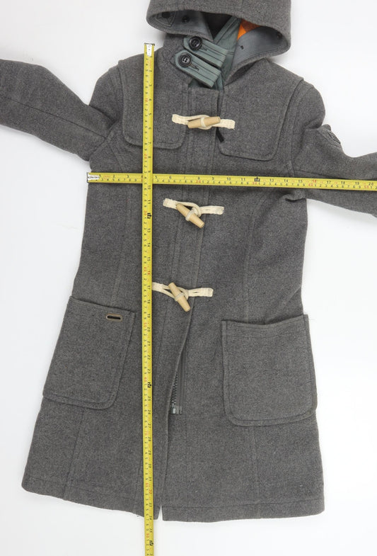 Superdry Men's Grey Wool Blend Duffle Coat XS Hooded Toggle Winter Jacket
