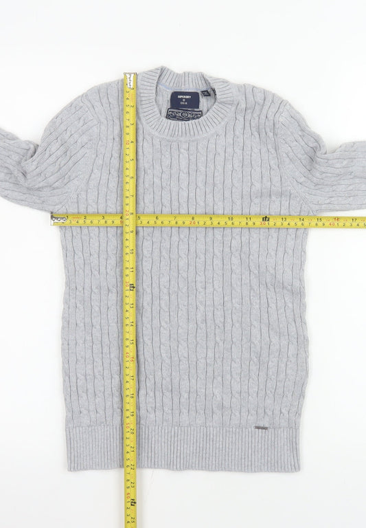 Superdry Men's Grey Cable-Knit Cotton Cashmere Crew Jumper M