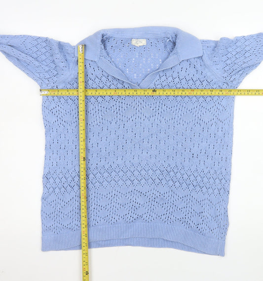 Fat Face Women's Blue Cotton Collared V-Neck Open-Knit Jumper Size 14