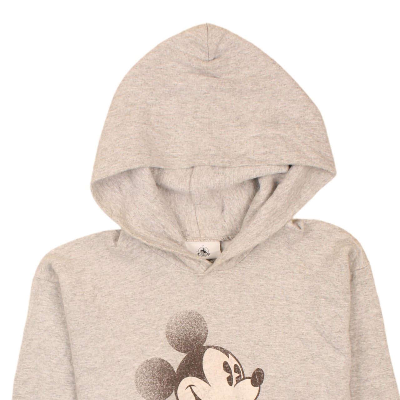 Brand and care label for Disney Parks girls’ grey mickey mouse pullover hoodie youth large cotton blend