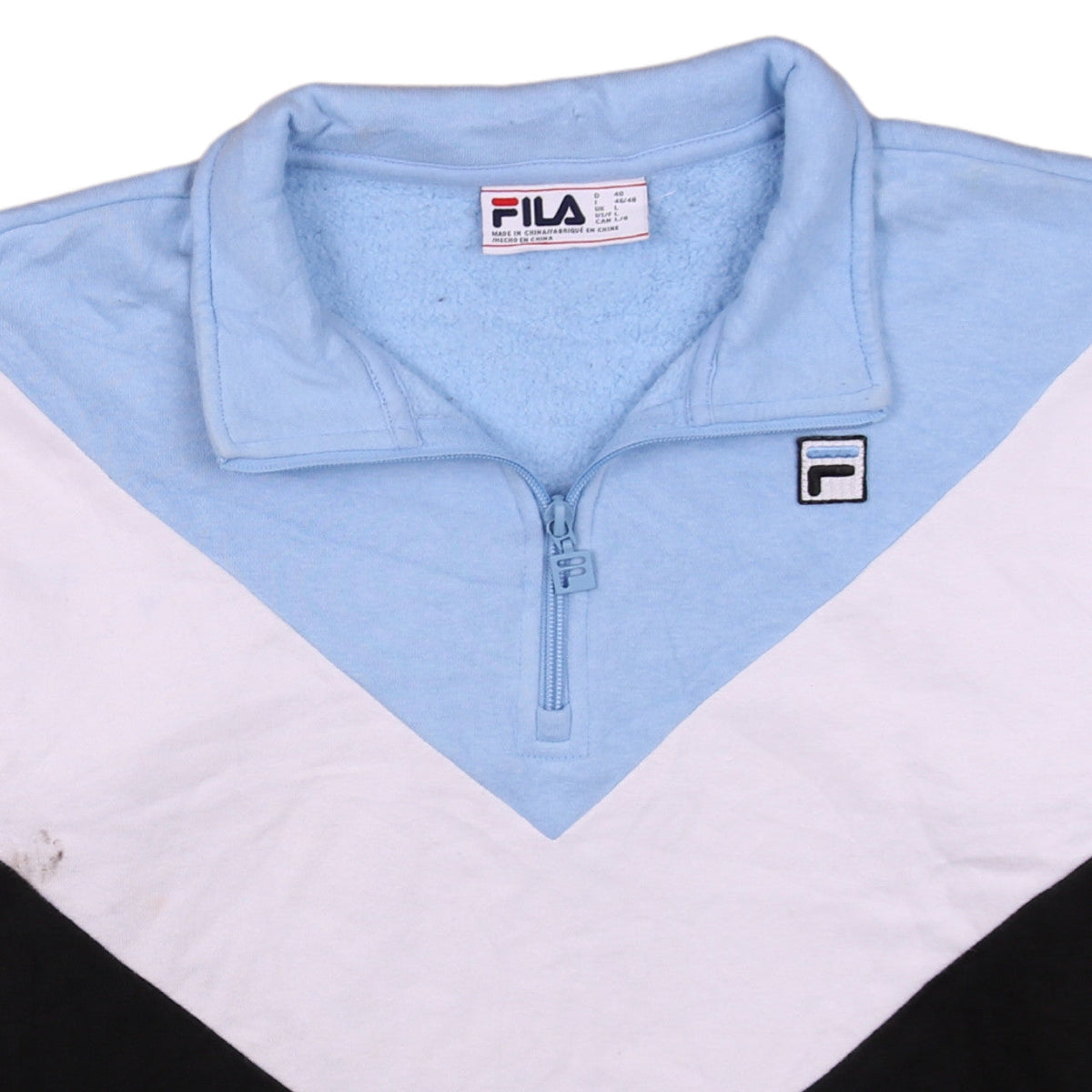 Brand and care label for Fila men’s multicoloured 1/2 zip sweatshirt l colour block fleece top