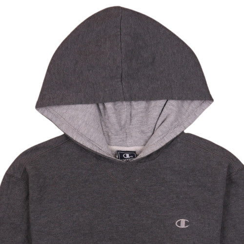 Brand and care label for Champion boys’ grey pullover hoodie cotton blend classic style m