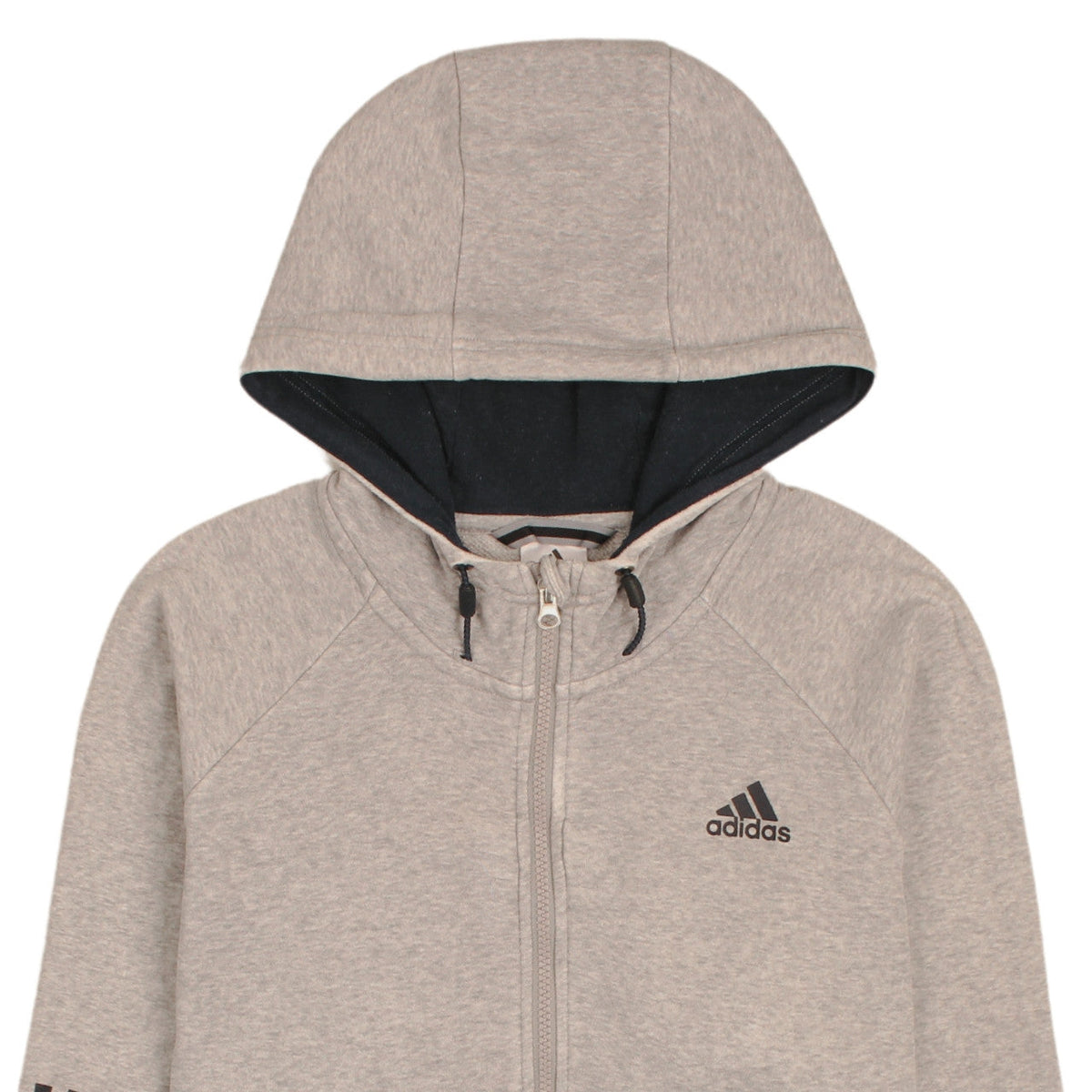 Brand and care label for Adidas women’s beige full zip hoodie, size L, cotton blend sportswear