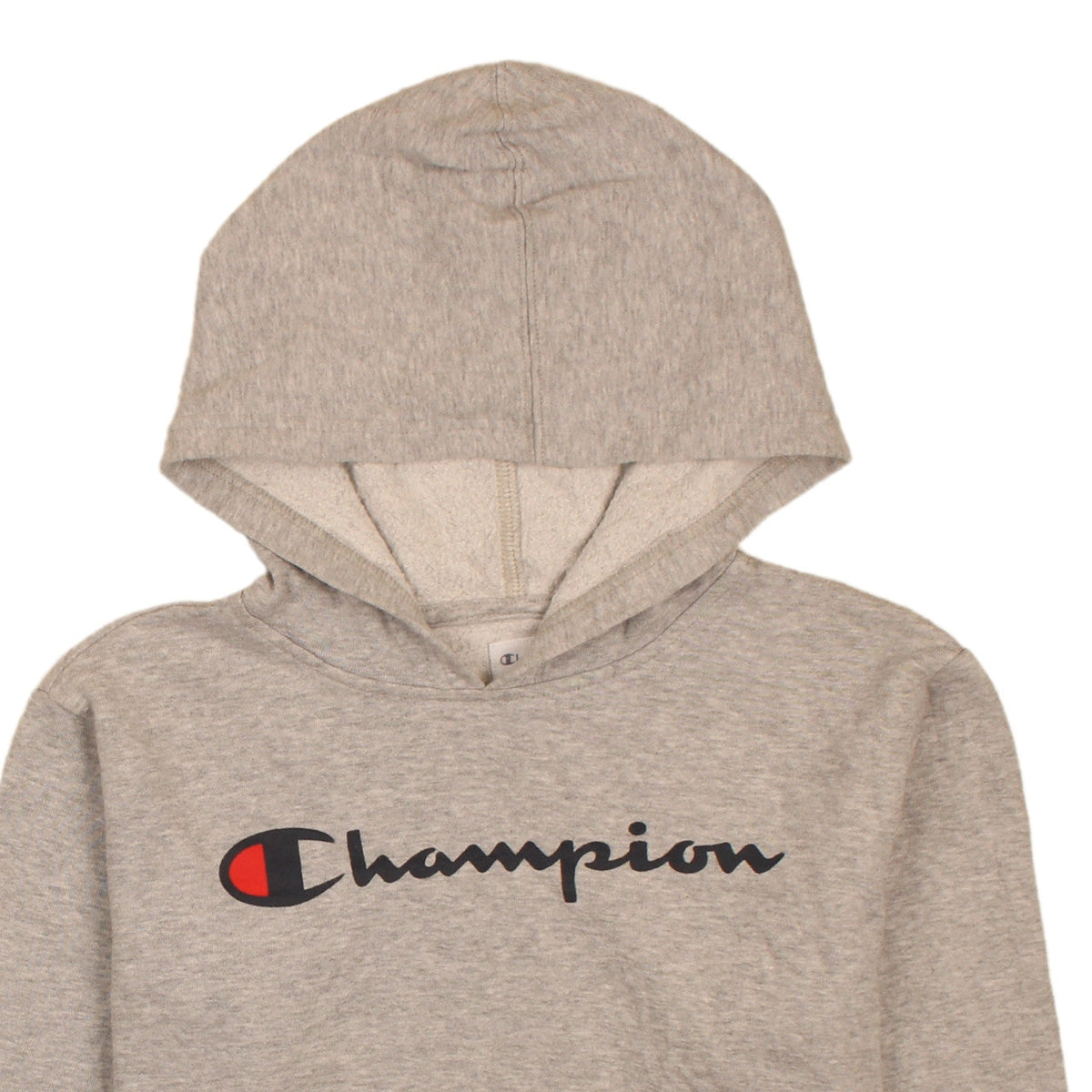 Brand and care label for Champion boys’ grey pullover hoodie xl (14-16 years) logo fleece sweatshirt
