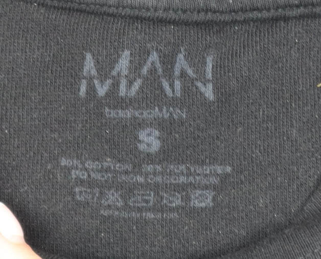 Brand and care label for boohooMAN Men's Black Graphic Wolf Sweatshirt, size S, Regular Fit