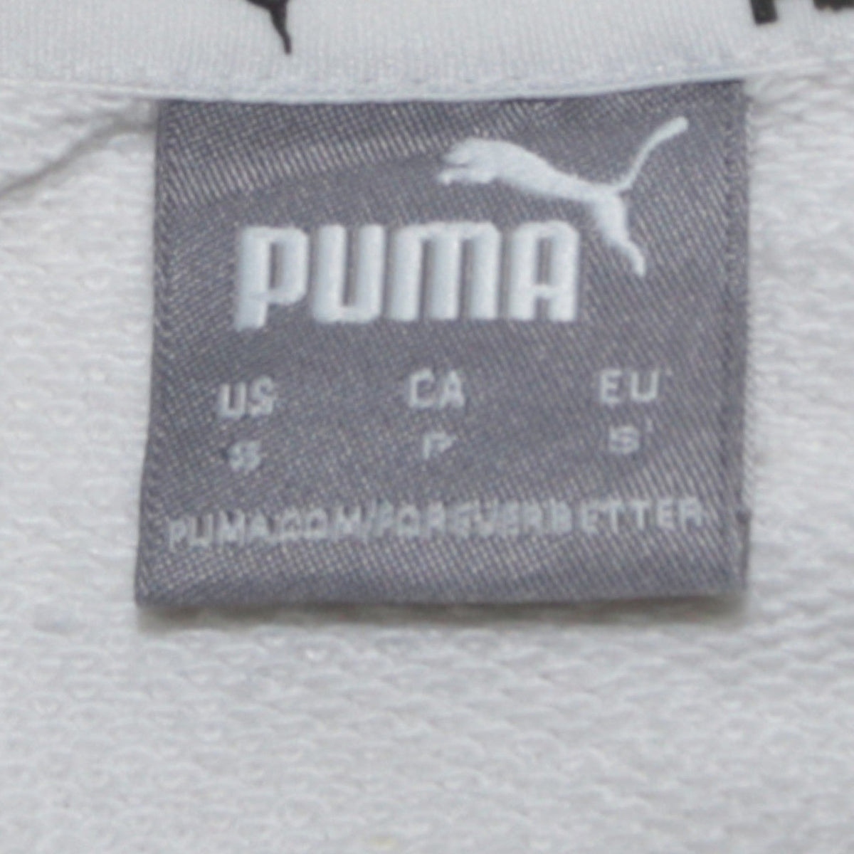 Close-up detail of Puma Men's White Crew Neck Pullover Sweatshirt, size S