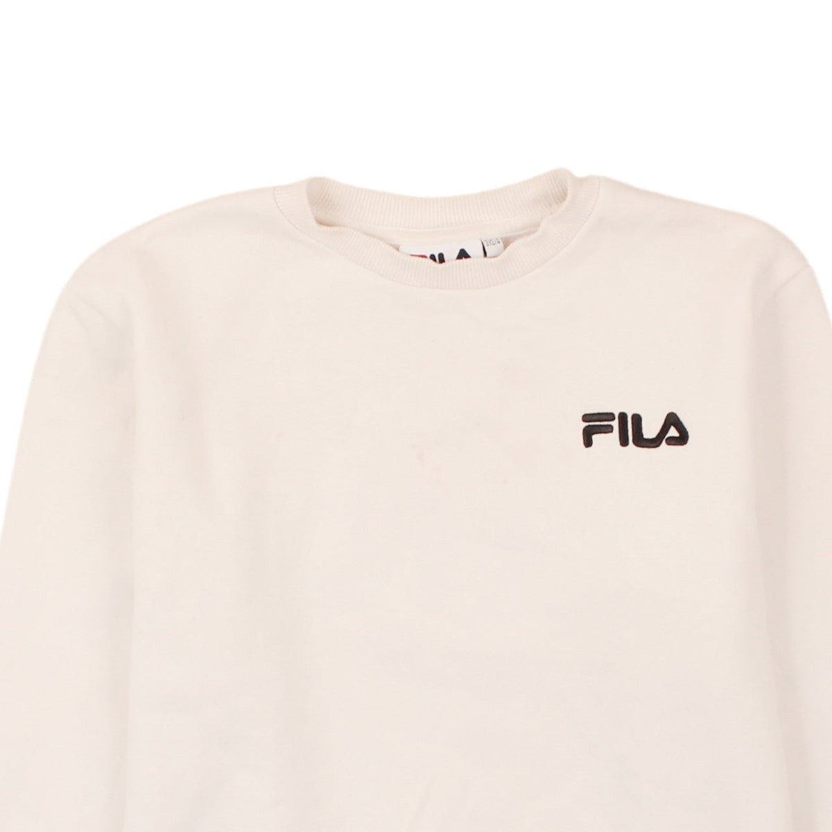 Brand and care label for Fila women’s ivory sweatshirt 3xs crew neck pullover logo classic