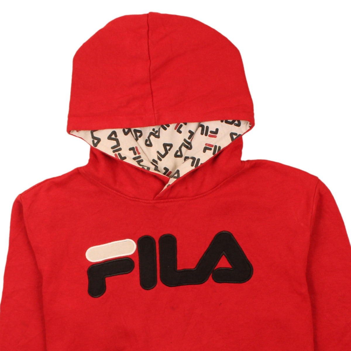Brand and care label for Fila women’s red pullover hoodie xxl logo print cotton sweatshirt