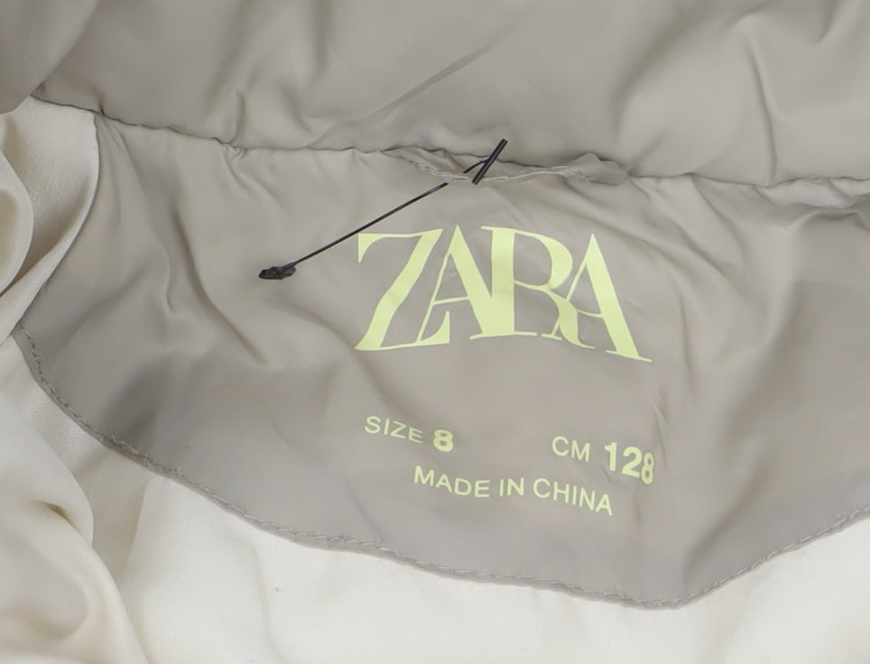 ZARA Girls Beige Hooded Puffer Jacket 8 Years Lined Quilted Winter Coat