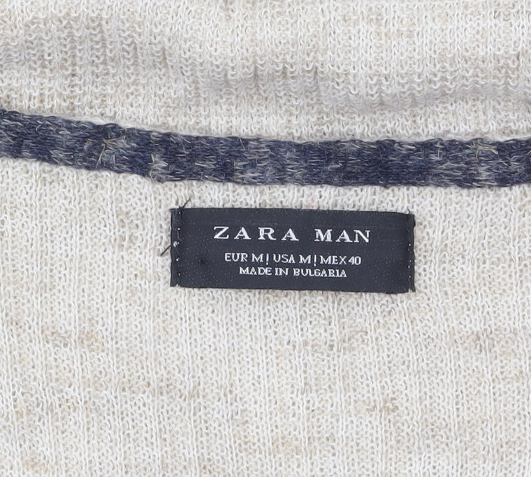 Zara Man Men's Beige Short Sleeve Henley T-Shirt Size M Linen Blend