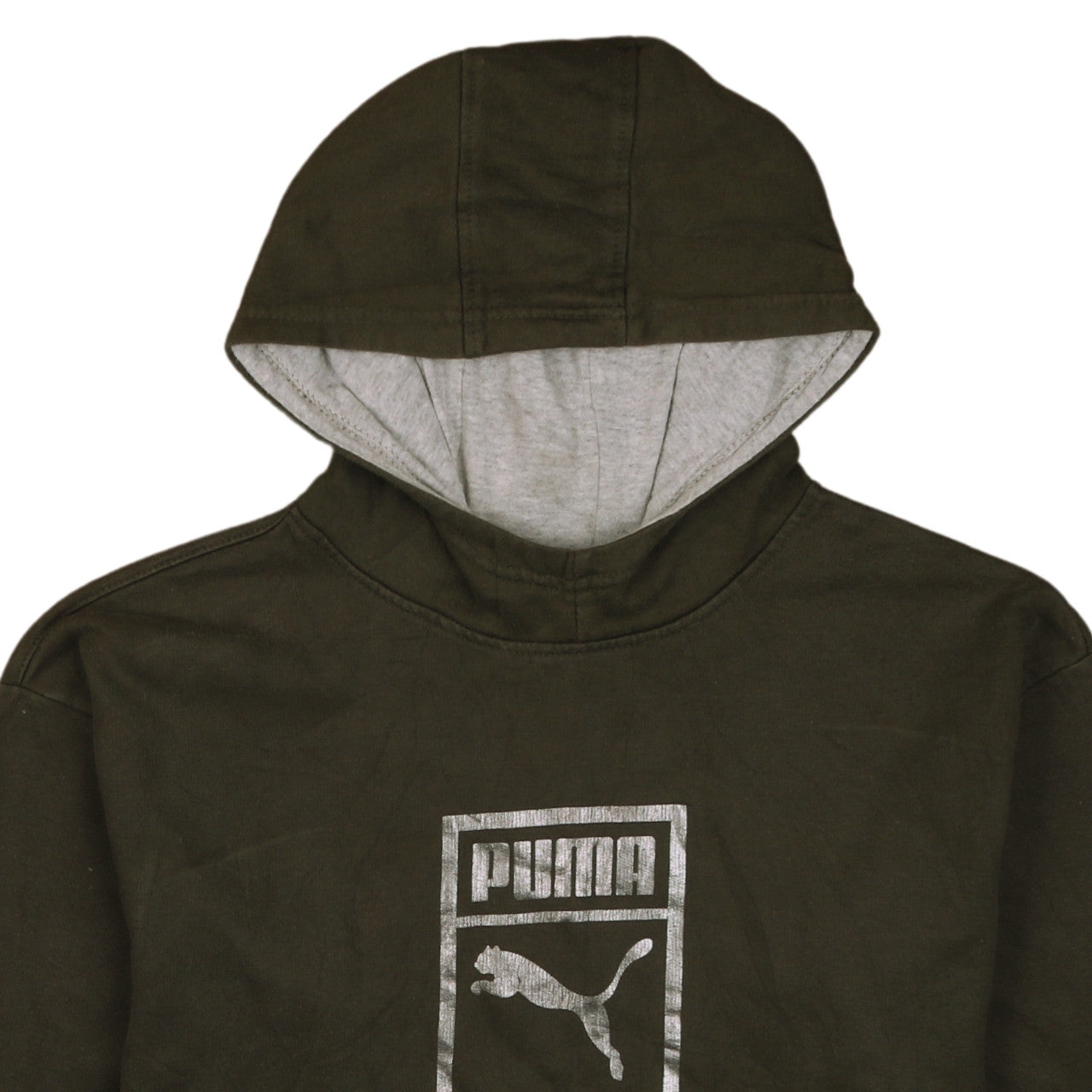 Brand and care label for Puma women’s green xl pullover hoodie with silver logo