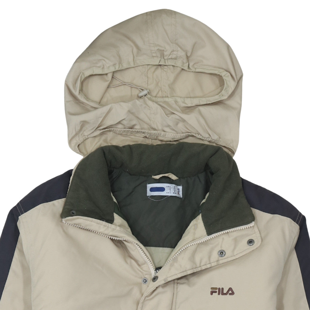 Additional view of Fila Men Beige Hooded Puffer Jacket, size M, Water Resistant Winter Coat