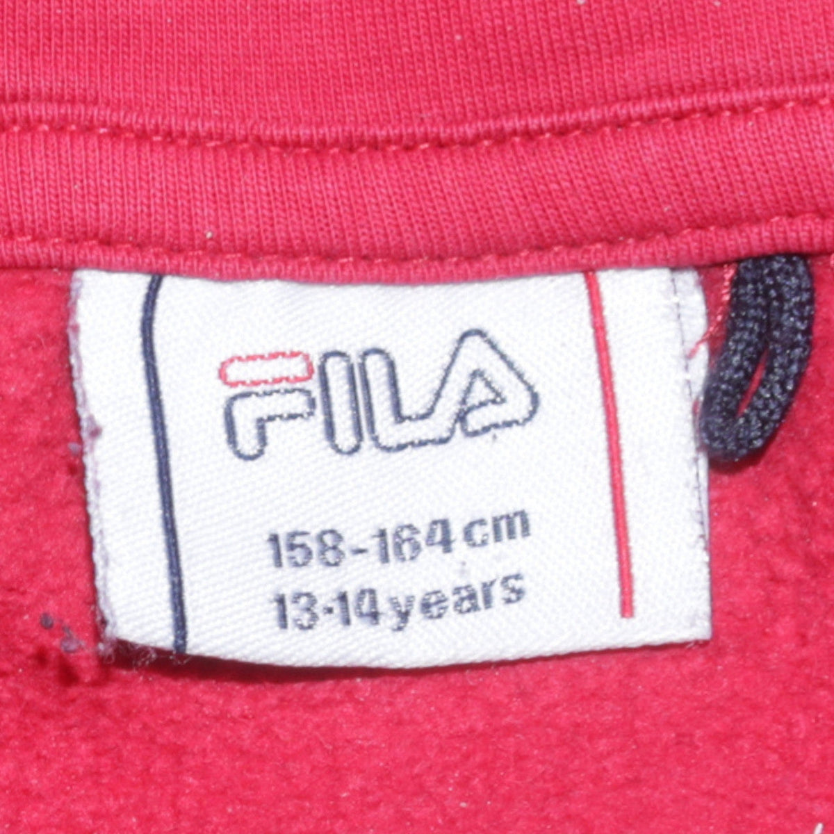 Brand and care label for Fila boys’ red and black pullover hoodie 13-14 years graphic logo cotton
