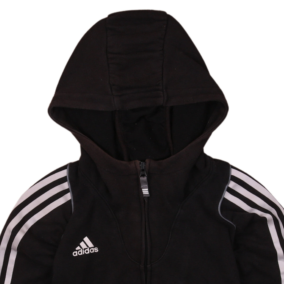 Brand and care label for Adidas women’s black full zip hoodie, size UK 10, pink boxing cuffed sportswear