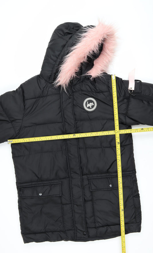 Hype Girls Black Puffer Jacket 15 Years Hooded Faux Fur Trim Winter Coat