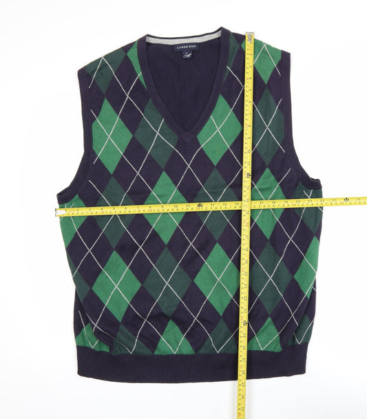 Lands’ End Men’s Blue Green Argyle Cotton Sleeveless Vest Jumper L