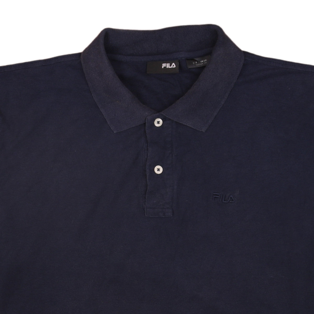 Brand and care label for Fila Men's Blue Cotton Short Sleeve Polo Shirt, size M