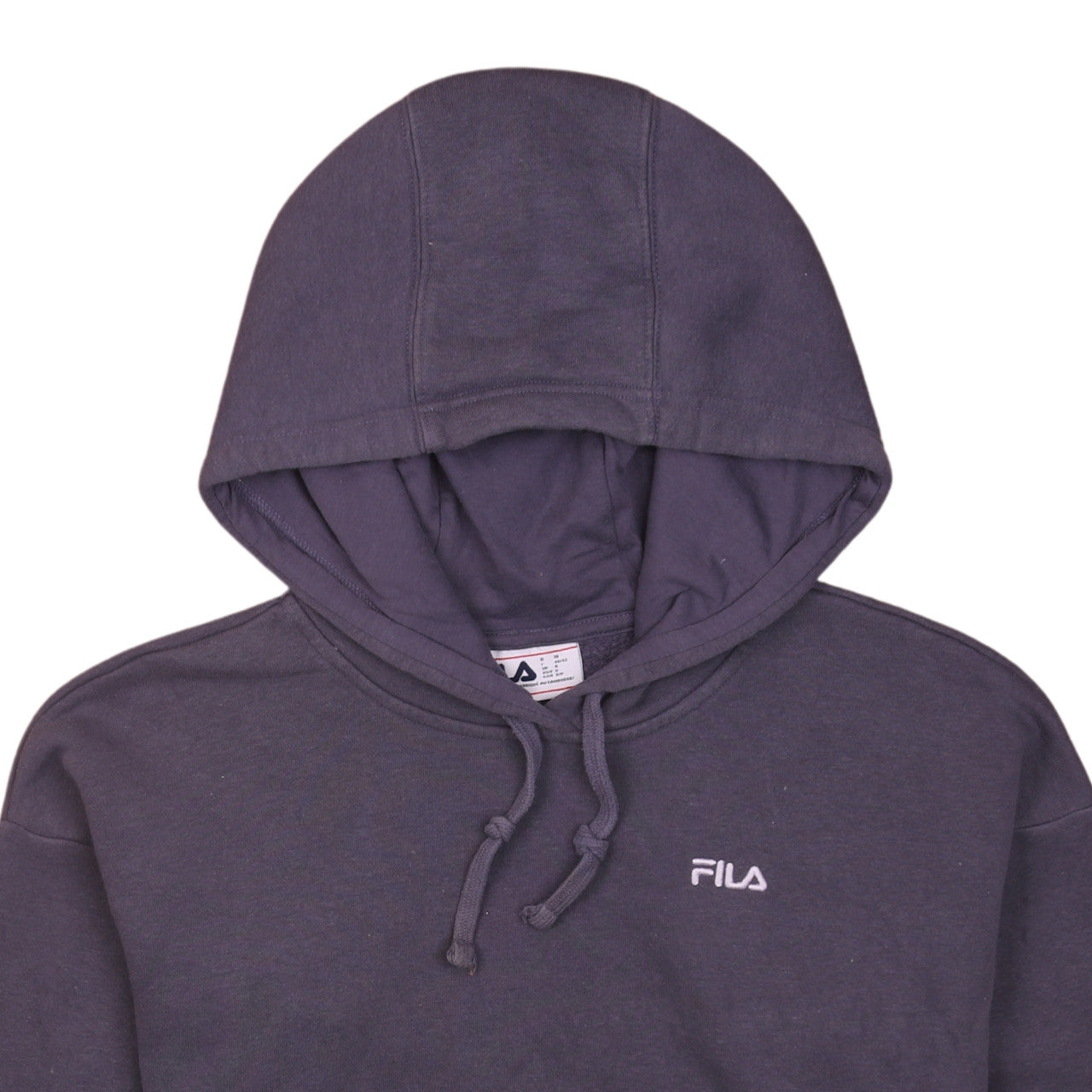 Brand and care label for Fila Men's Blue Pullover Hoodie, size S, Logo Fleece Sweatshirt