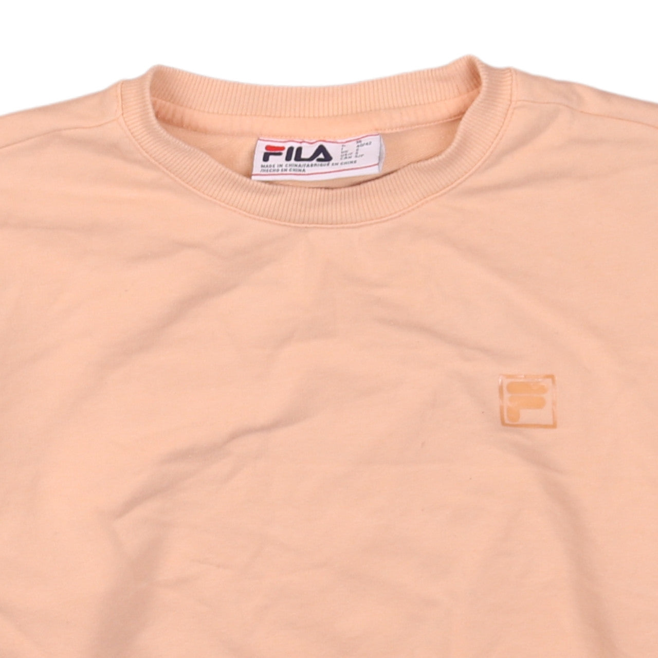 Brand and care label for Fila Men's Beige Crew Neck Pullover Sweatshirt, size S