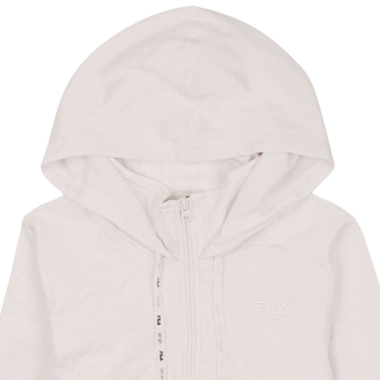 Brand and care label for Fila Sport Women White Full Zip Quilted Hoodie, size L