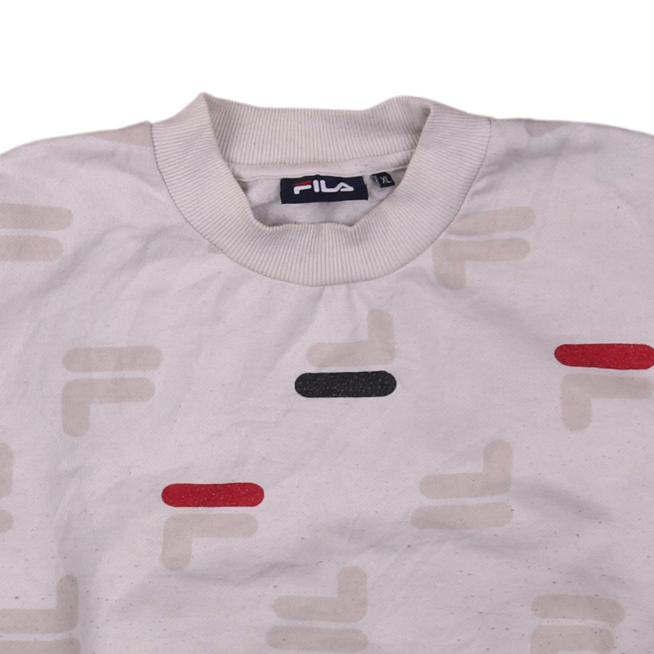 Brand and care label for Fila women’s beige logo print crew neck sweatshirt xl