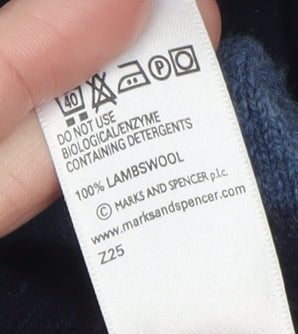 Marks and Spencer Men's Blue Check Lambswool Crew Neck Jumper Small