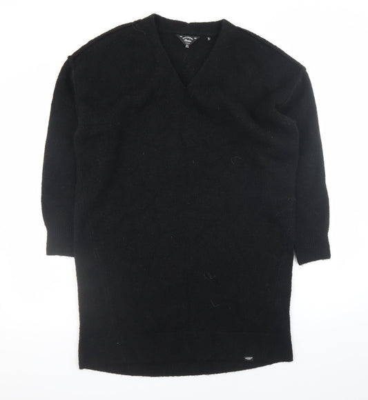 Superdry Women Black Size 8 Knit Jumper Dress V-Neck Wool Blend Winter