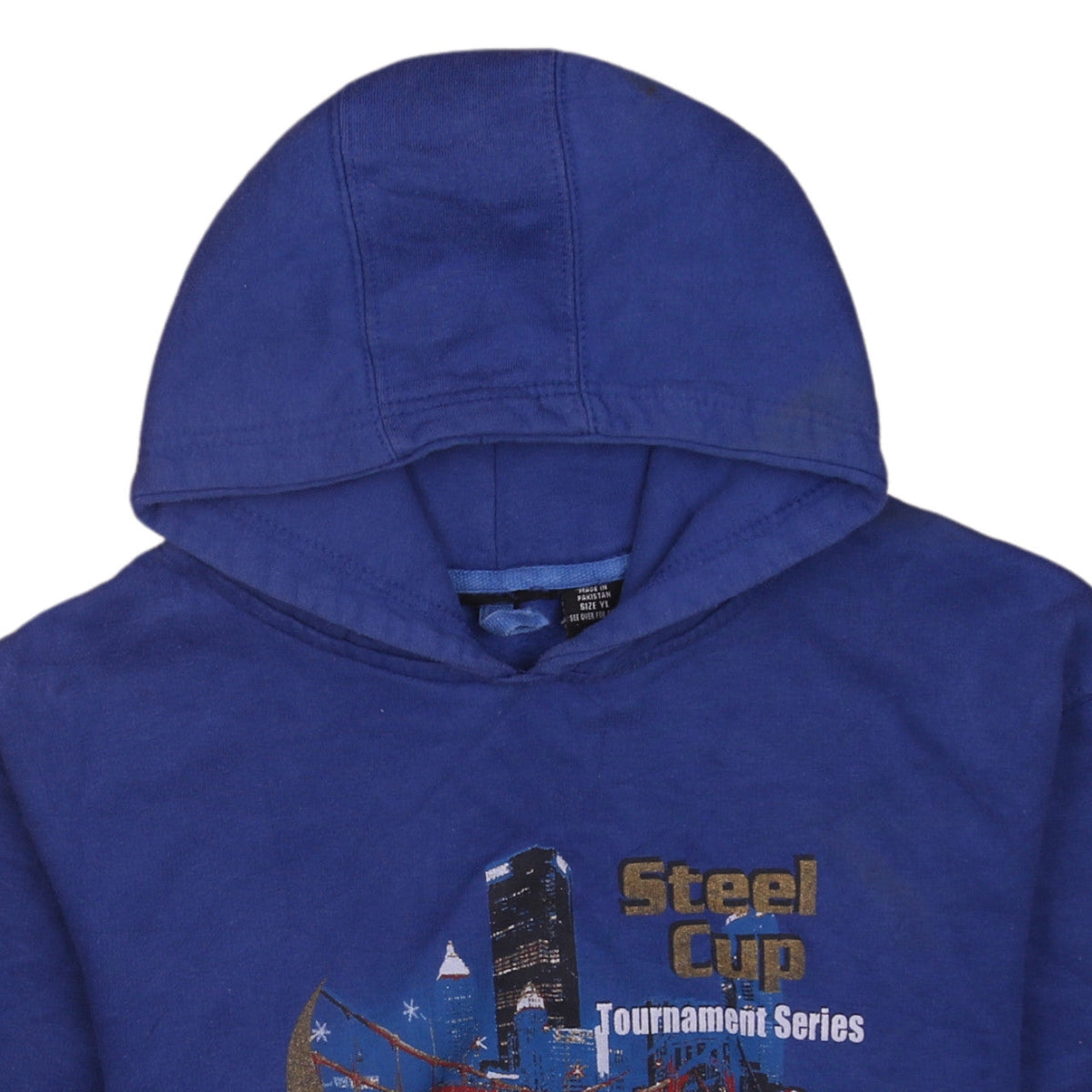 Brand and care label for Adidas boys’ blue pullover hoodie yl steel cup graphic sweatshirt