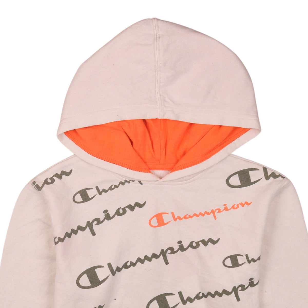 Brand and care label for Champion boys’ beige logo pullover hoodie, size L