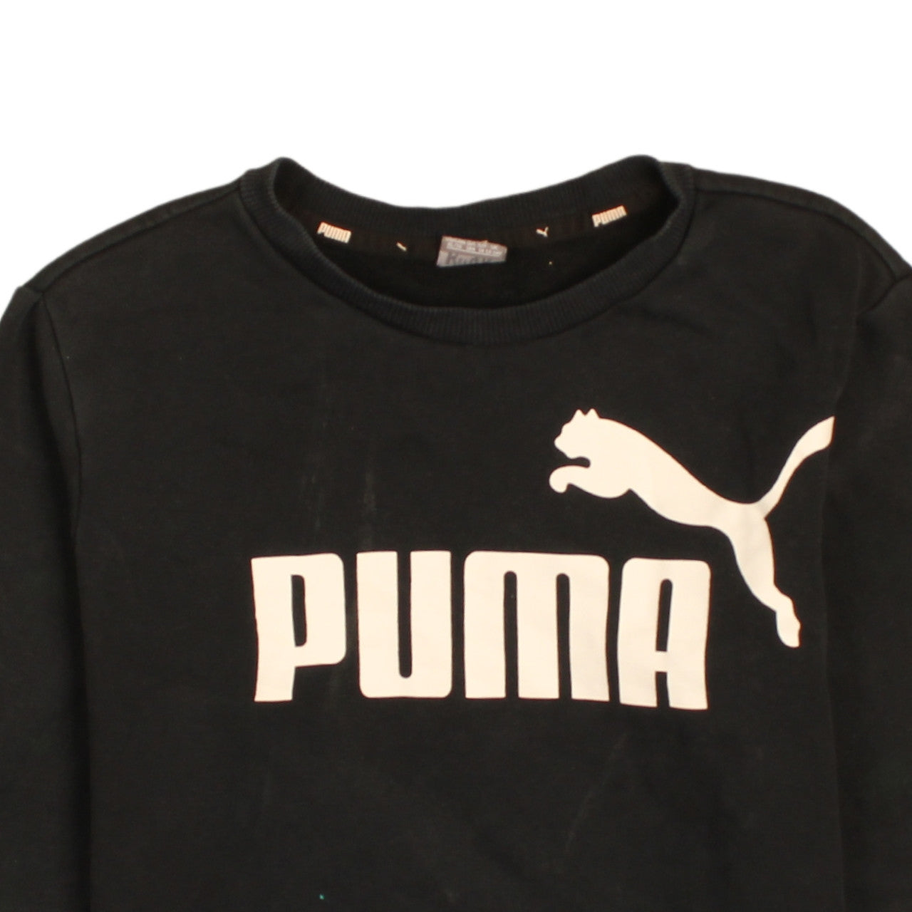 Brand and care label for Puma boys’ black crew neck logo pullover sweatshirt 11-12 years