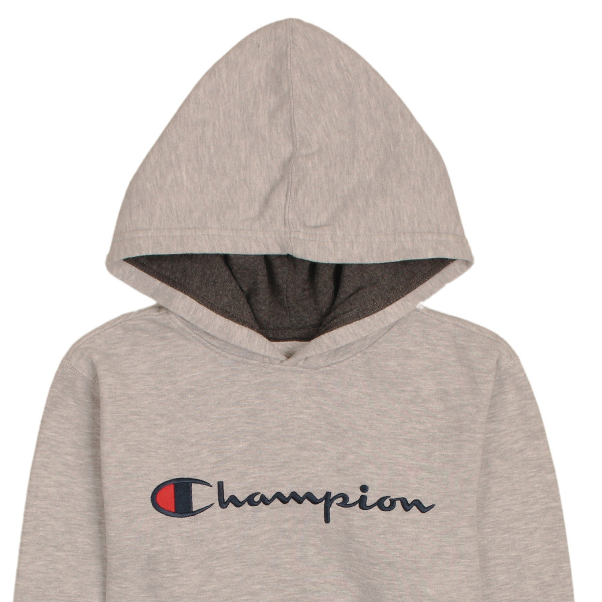 Brand and care label for Champion boys’ beige hooded pullover sweatshirt l logo fleece casual
