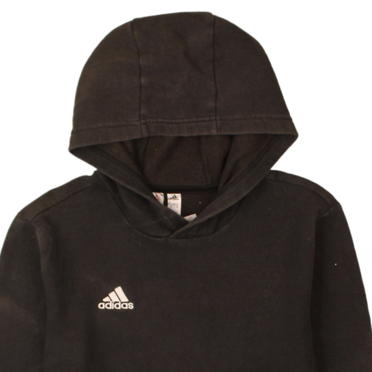 Brand and care label for Adidas boys’ black pullover hoodie 14 years fleece regular fit