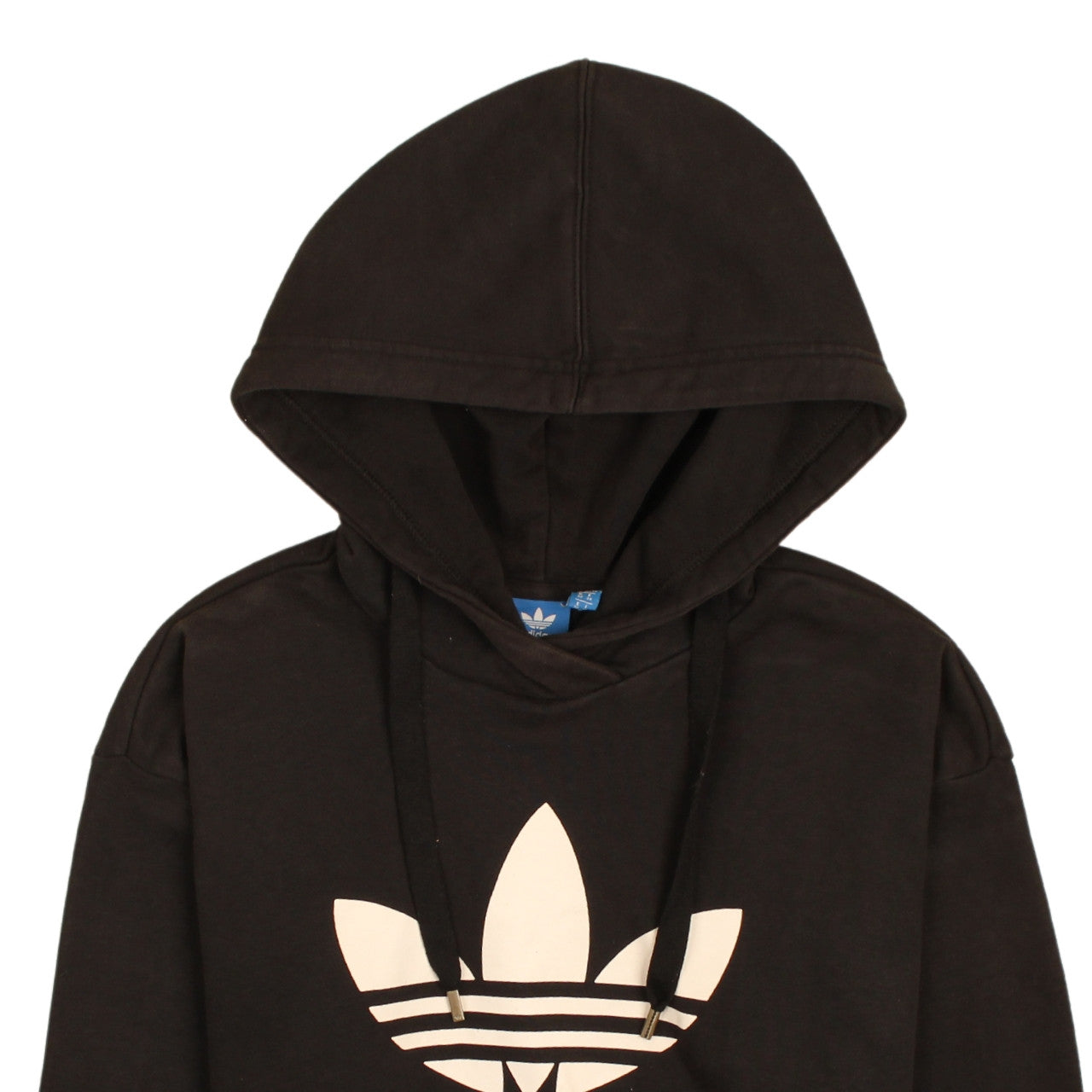 Brand and care label for Adidas women’s black pullover hoodie, size UK 6, logo print casual