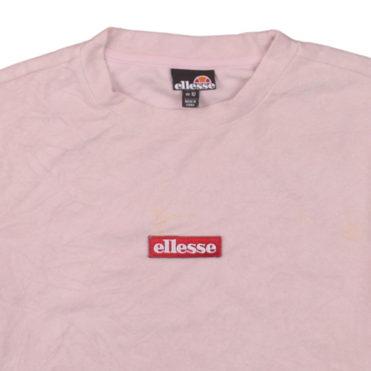 Brand and care label for Ellesse women’s pink cotton crew neck short sleeve t-shirt uk 10