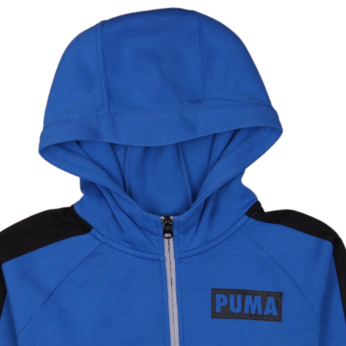 Brand and care label for Puma boys’ blue full zip hoodie 13-14 years sports fleece sweatshirt