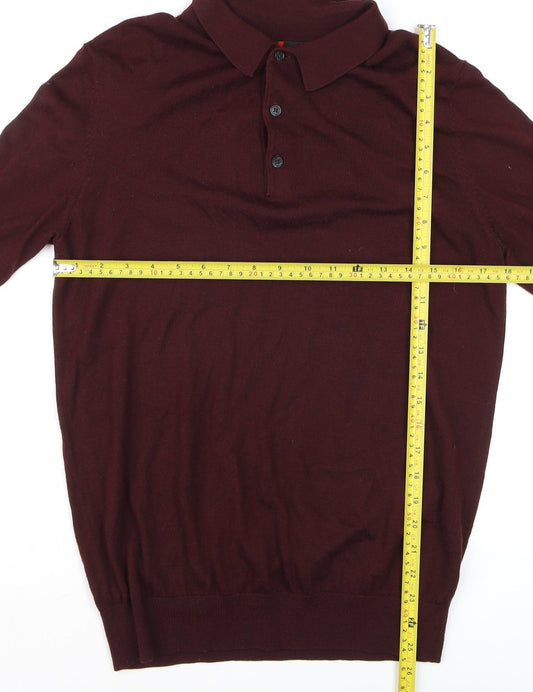 Dressmann Men's Brown Merino Wool Collared Henley Jumper M
