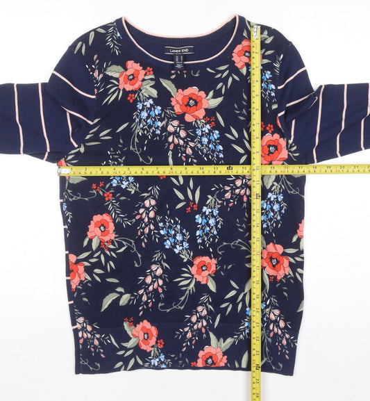 Lands' End Women's Blue Floral & Stripe Cotton Pullover Jumper L
