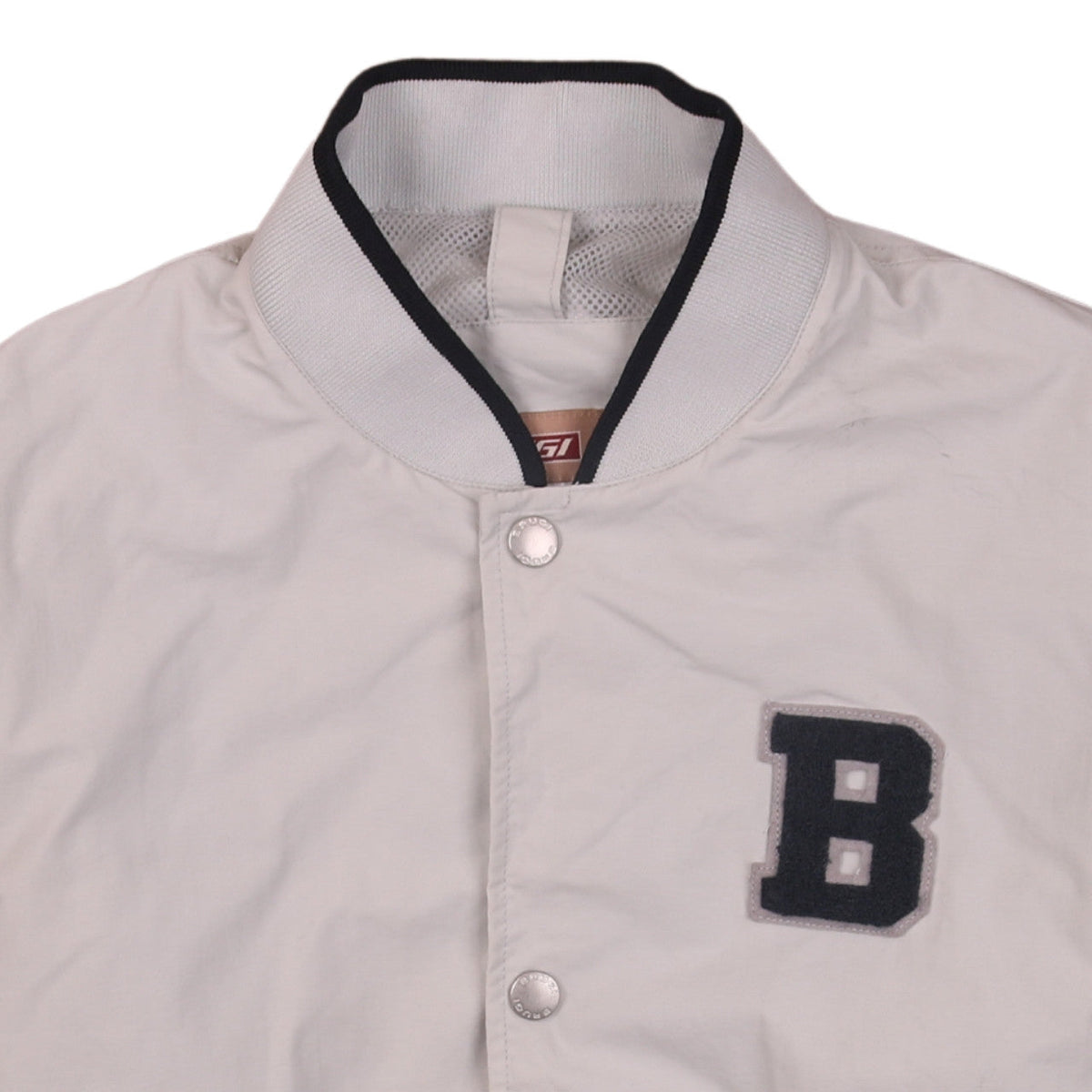 Brand and care label for Brugi boys’ beige & black varsity style sweatshirt s full snap jacket