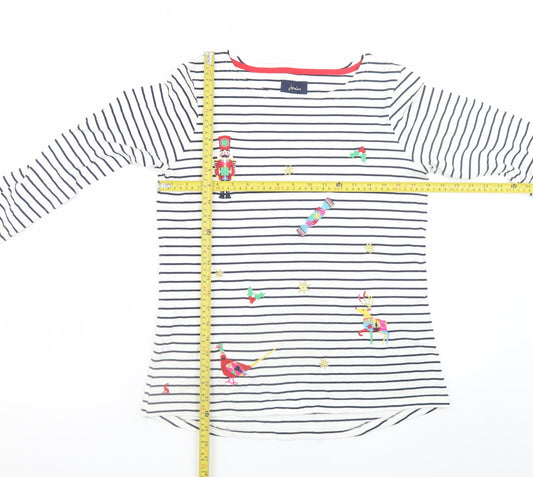 Joules Women’s White Striped Embroidered Long Sleeve Cotton T-Shirt Size 12