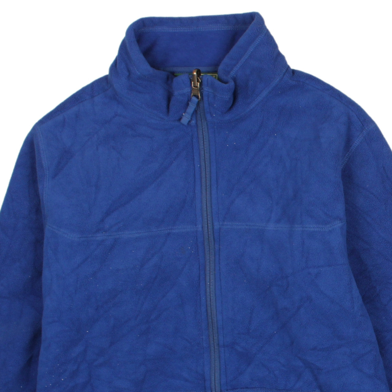 Brand and care label for L.L. Bean boys’ blue fleece full zip jacket, size 14-16, polyester