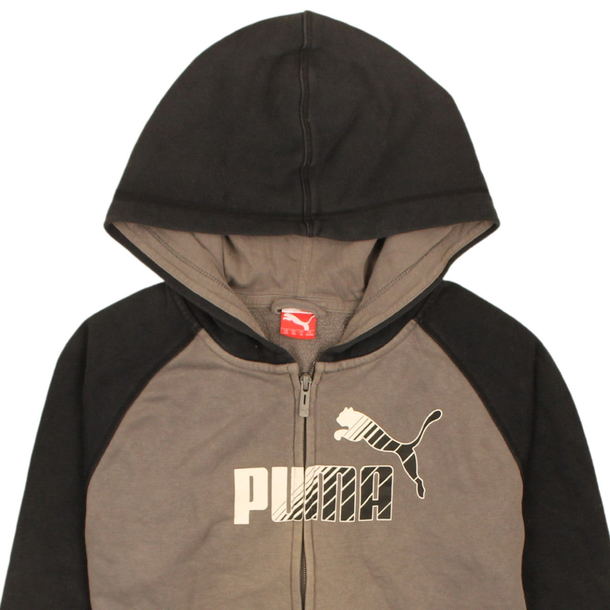 Brand and care label for Puma boys’ brown full zip hoodie 16 years graphic logo hooded sweatshirt