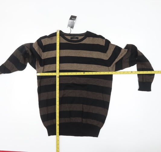 Thomas Nash Men's Brown Striped Cotton Crew Neck Jumper Small