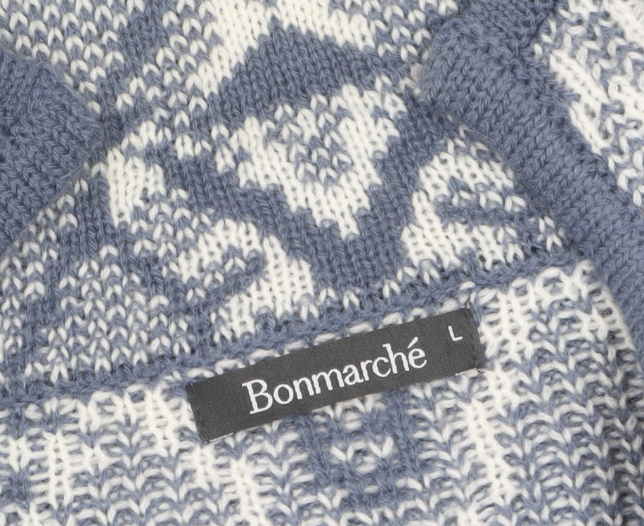 Bonmarché Women Blue Animal Print Collared Knit Cardigan L