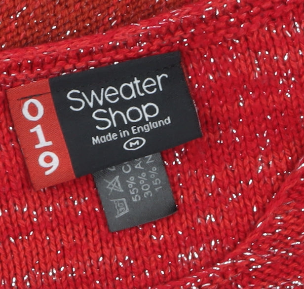 Sweater Shop Women Red Metallic Knit Pullover Jumper M