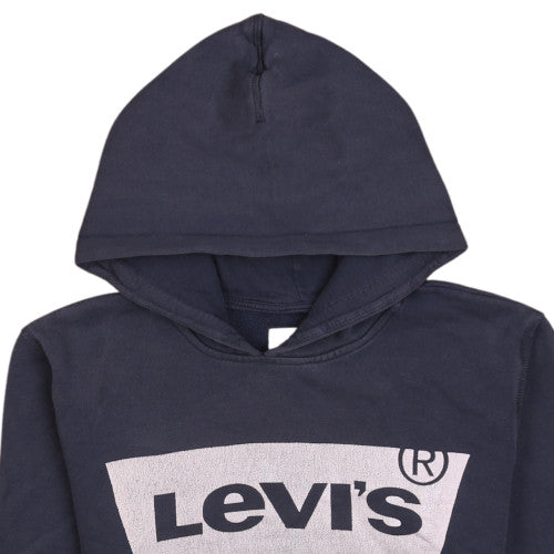 Brand and care label for Levi's boys’ navy blue hoodie pullover, size 14, logo cotton sweatshirt