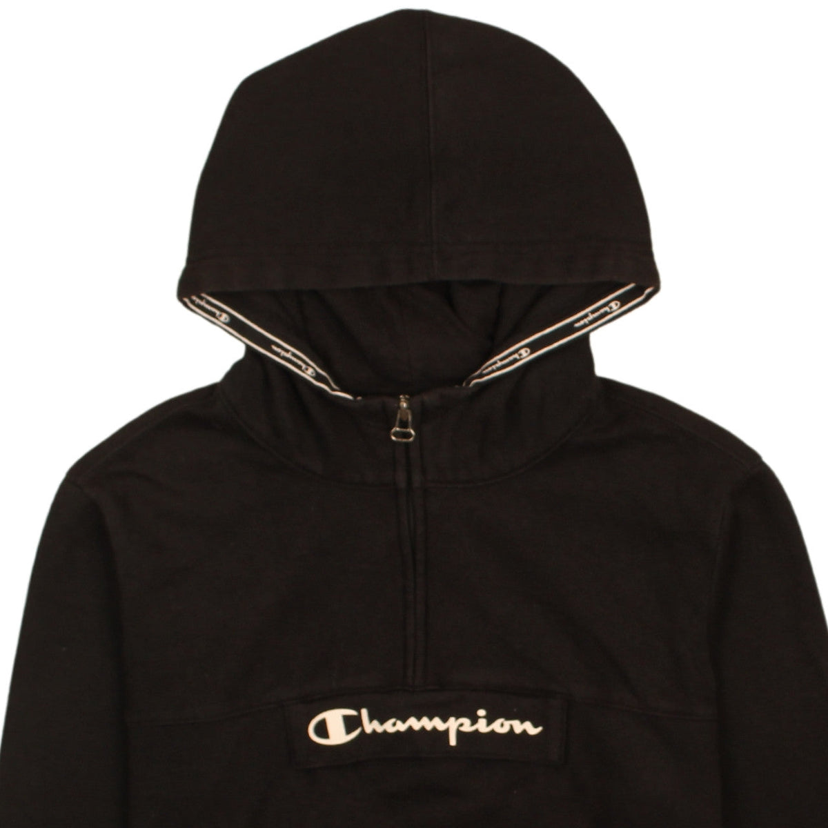 Brand and care label for Champion boys’ black pullover hoodie 13-14 years logo fleece sweatshirt